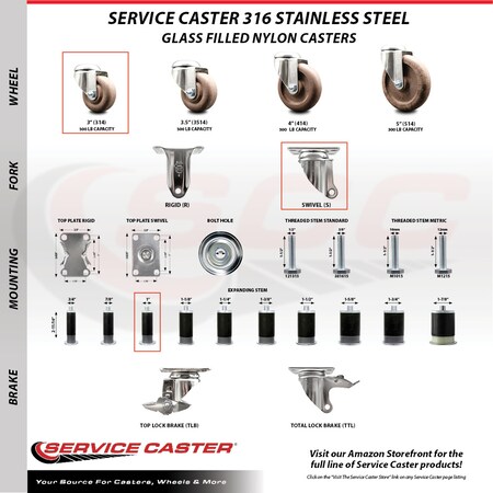 Service Caster 3 Inch 316SS High Temp Glass Filled Nylon 1 Inch Stem Caster Brake SCC, 2PK SCC-SS316EX20S314-GFNSHT-2-TLB-2-1